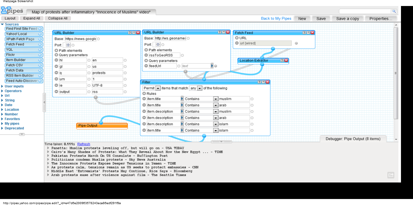 Source code of a Pipe that maps news related to protests in the Arab world.